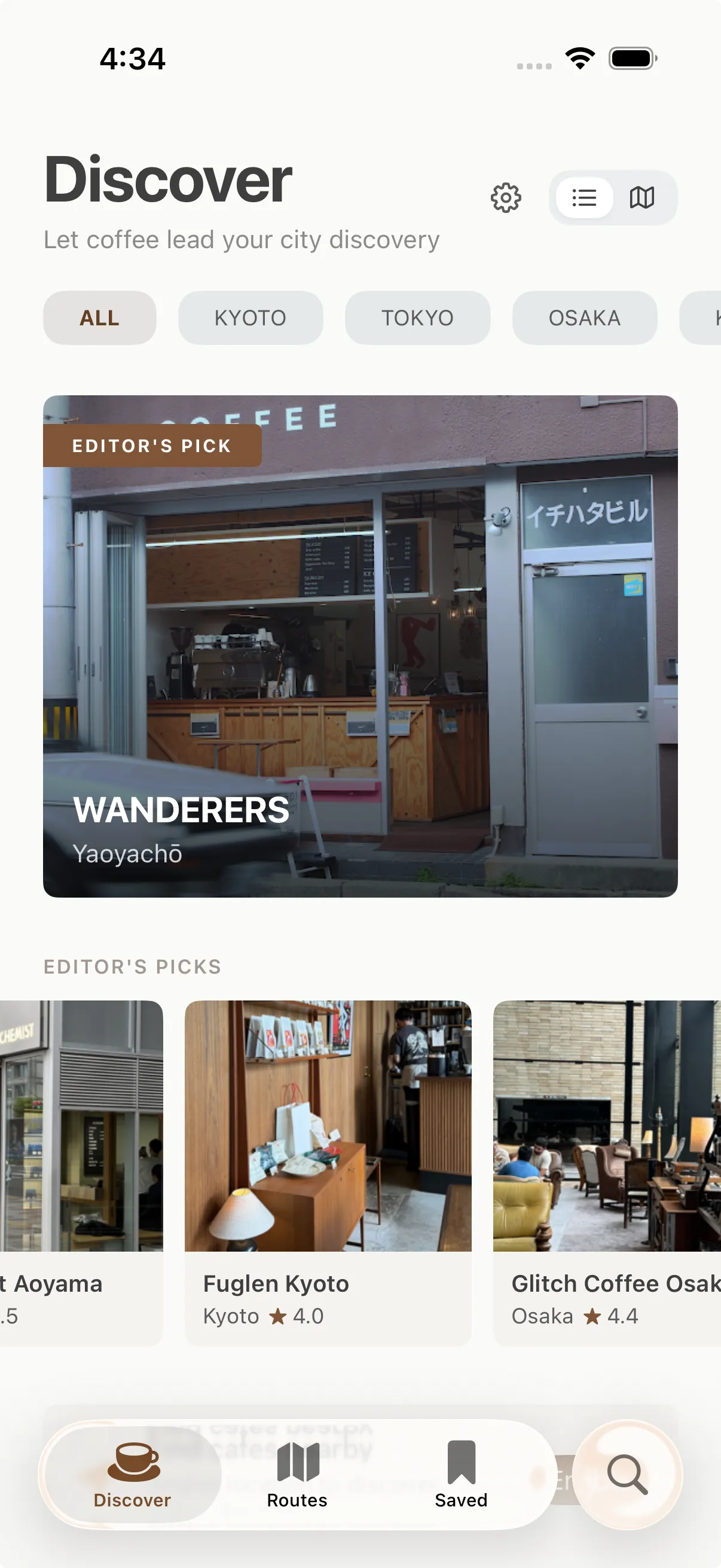 Sip Japan app — curated café list view